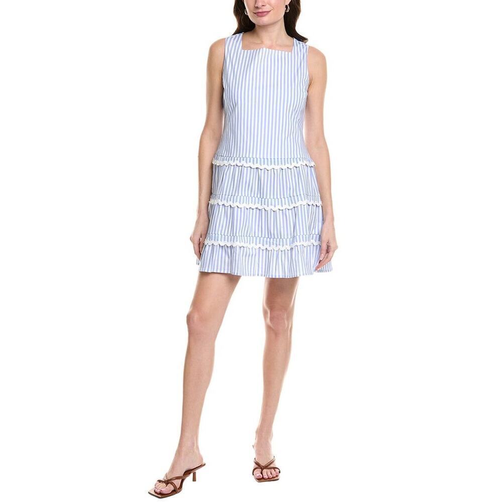 Sail To Sable Seersucker blue Tiered Mini stripe Dress size large